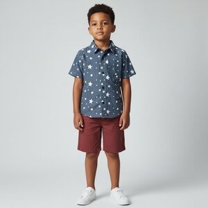 Cat & Jack Boys 5T Blue chambray stars button down & red shorts outfit set